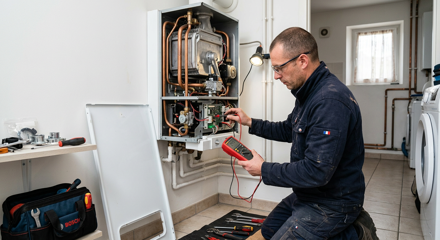 Chauffagiste réparant une chaudière gaz murale à Suresnes
