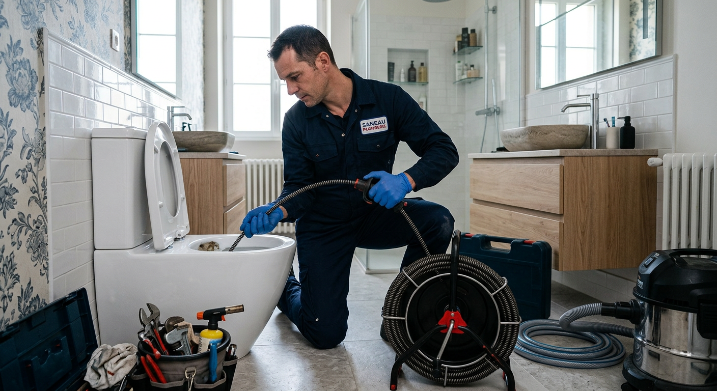 Plombier débouchant des WC avec un furet électrique à Suresnes