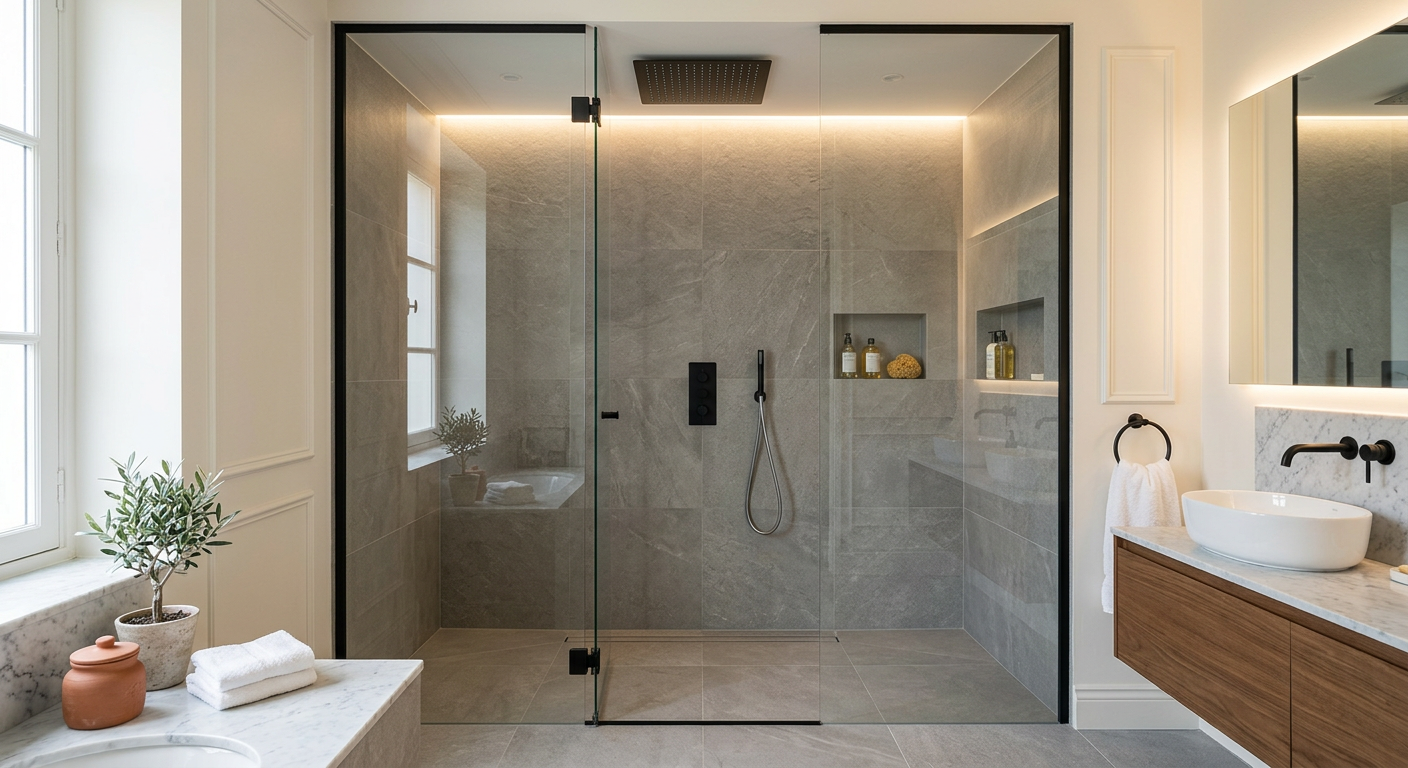Installation de salle de bain moderne avec douche à l'italienne à Suresnes
