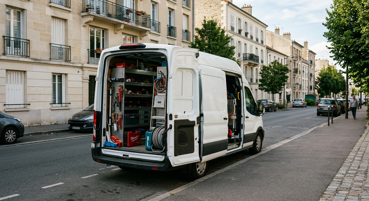 Camionnette plombier Ateliers Plombier Suresnes en intervention dans les Hauts-de-Seine